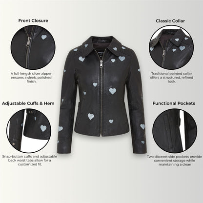 Women’s Black Leather Hearts Biker Jacket  - Wynyard