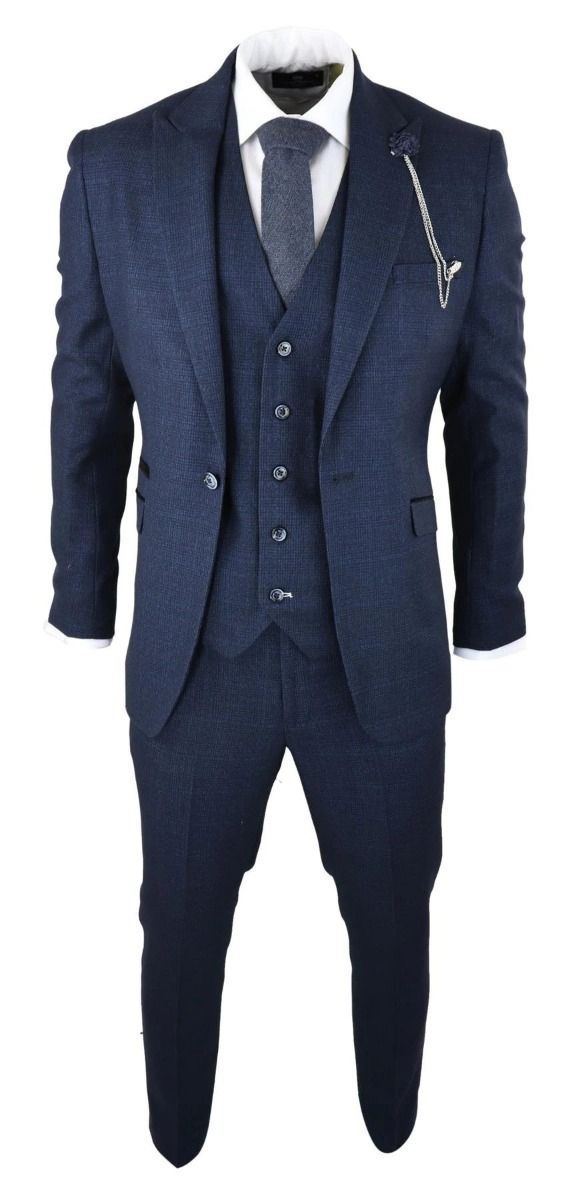 Mens 3 Piece Navy Blue Check Tweed Retro Classic Suit - Upperclass Fashions 