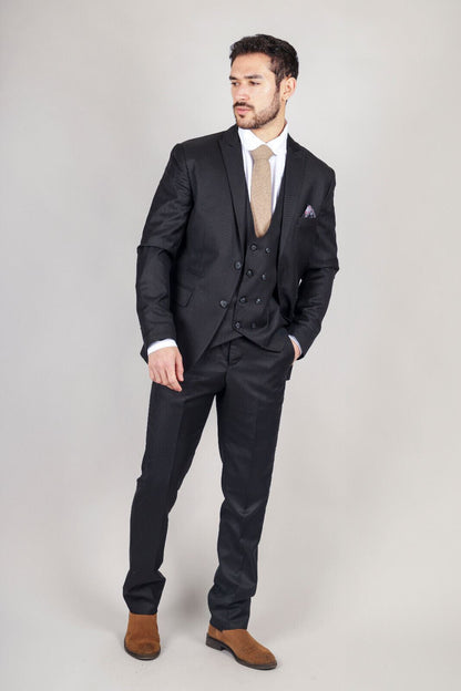 Mens IM1 Double Brusted Plain Black 3 Piece Suit - Upperclass Fashions 