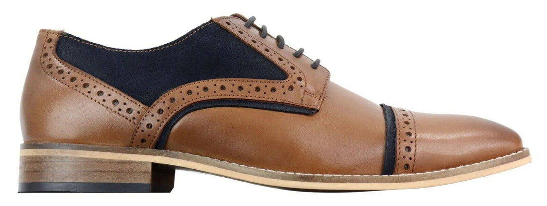 Mens Classic Navy Suede Oxford Brogue Derby Shoes in Tan Leather - Upperclass Fashions 