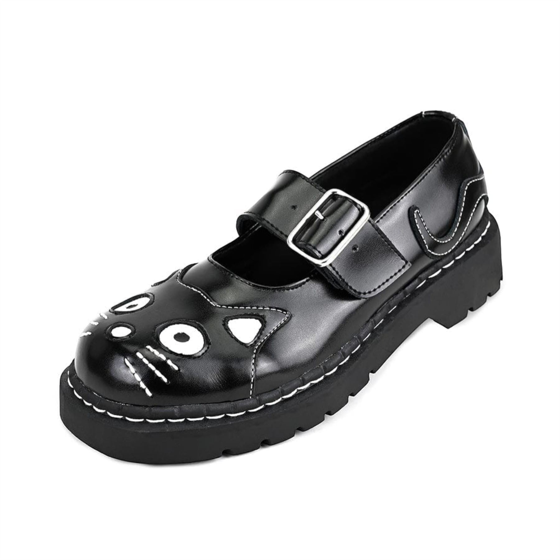 TUK Womens Mary Jane Kitty Black Leather Platform Goth Shoes - T2025