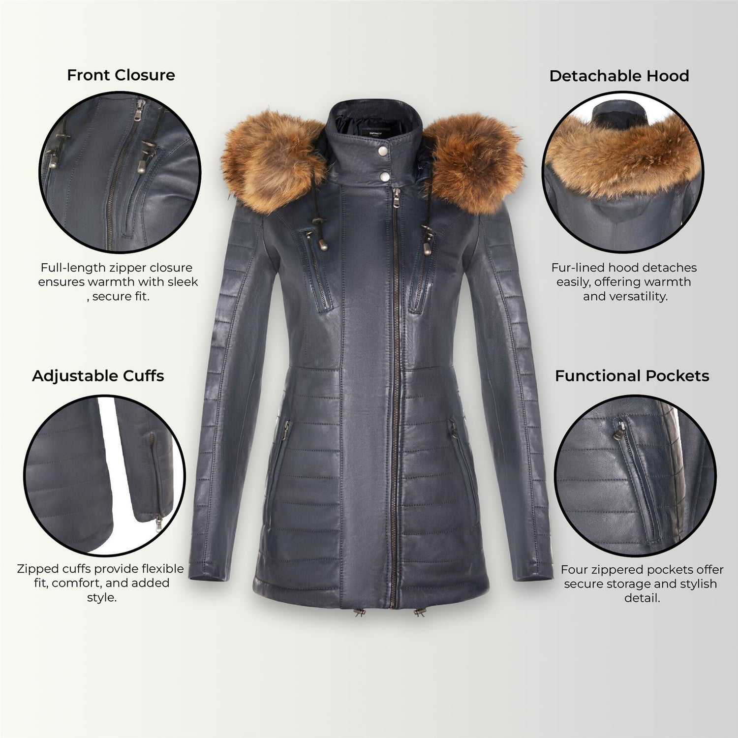 Womens Slim Fit  Leather Hooded Parka Jacket-Northam