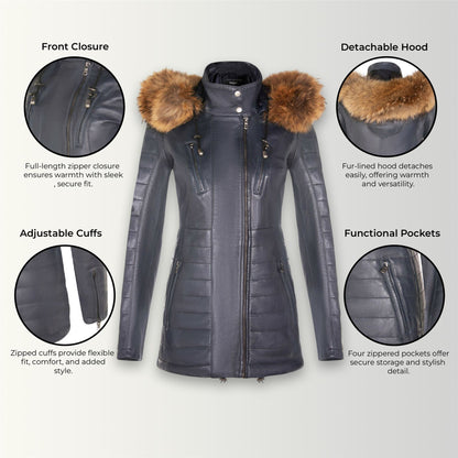 Womens Slim Fit  Leather Hooded Parka Jacket-Northam