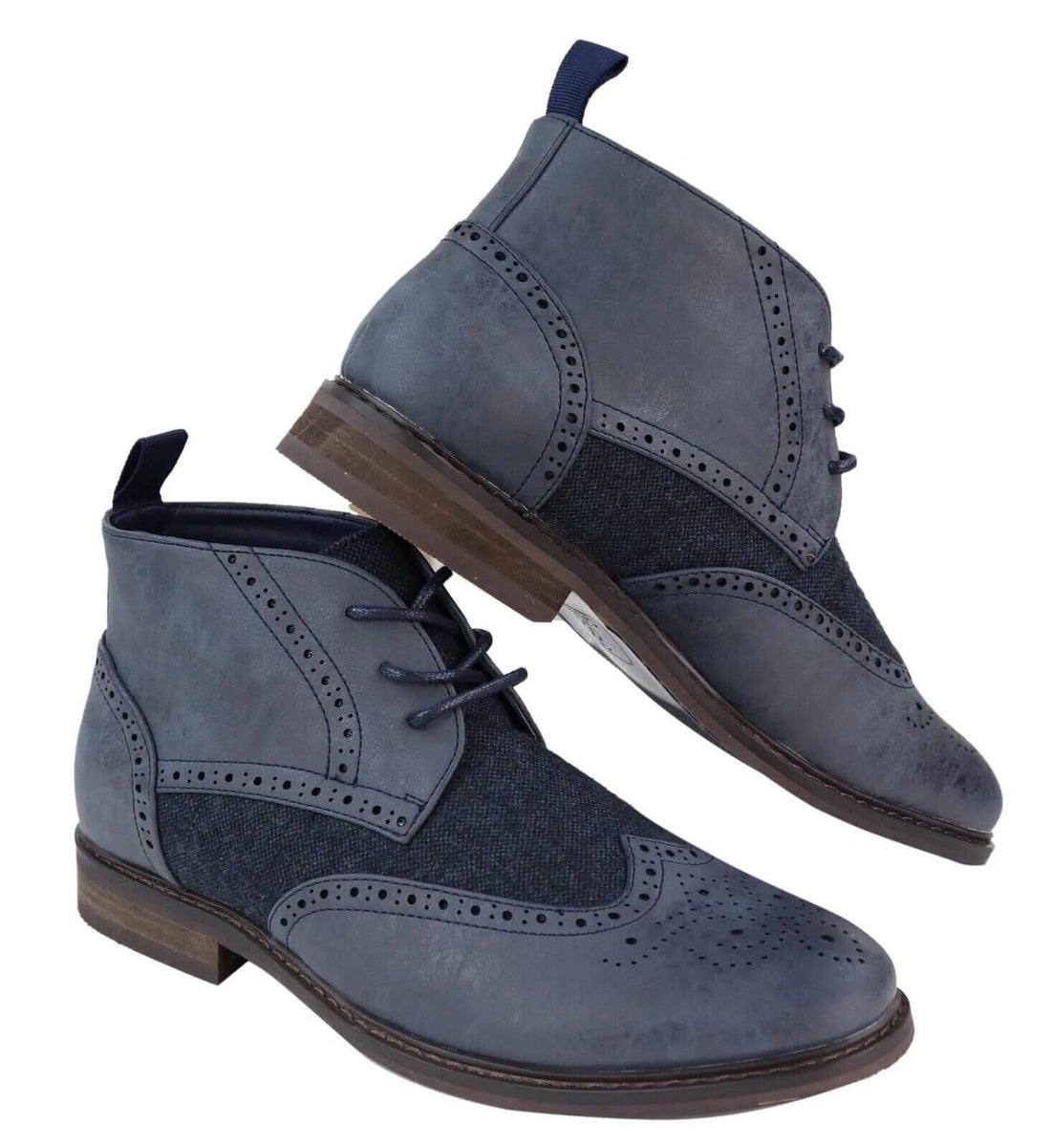 Mens Classic Tweed Oxford Brogue Ankle Boots in Blue Leather - Upperclass Fashions 