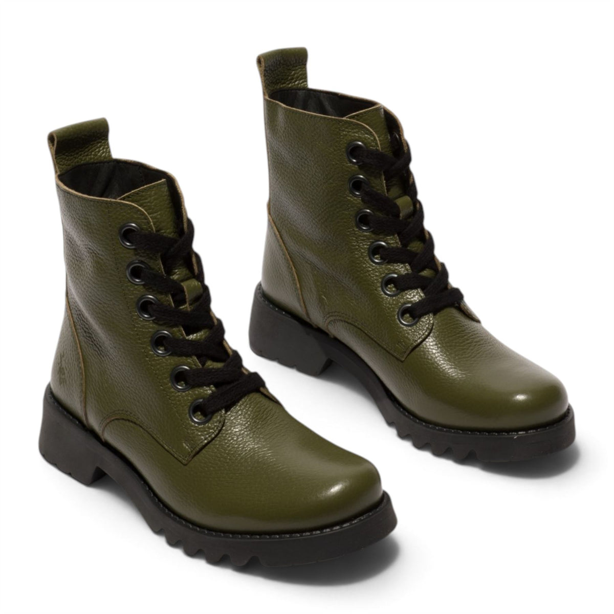 Fly London Womens Military Green Leather Lace-Up Heeled Ankle Boots - RAMY488