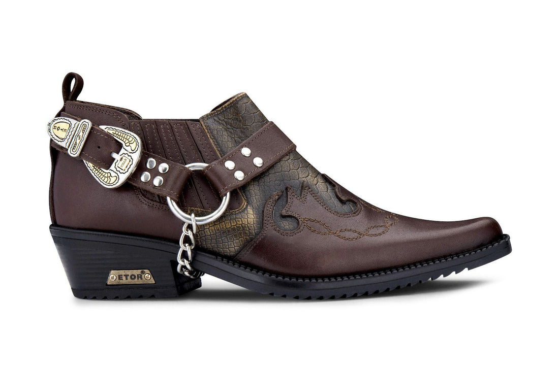Mens Brown Snakeskin Winklepicker Leather Biker Boots - Upperclass Fashions 