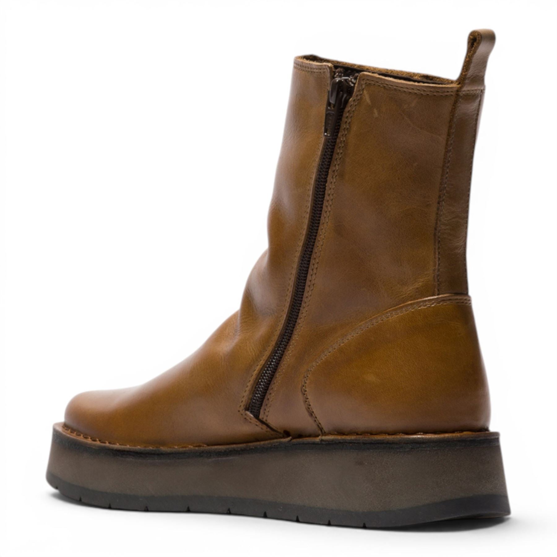 Fly London Womens Tan Leather Zip Up Platform Ankle Boots - RENO053FLY