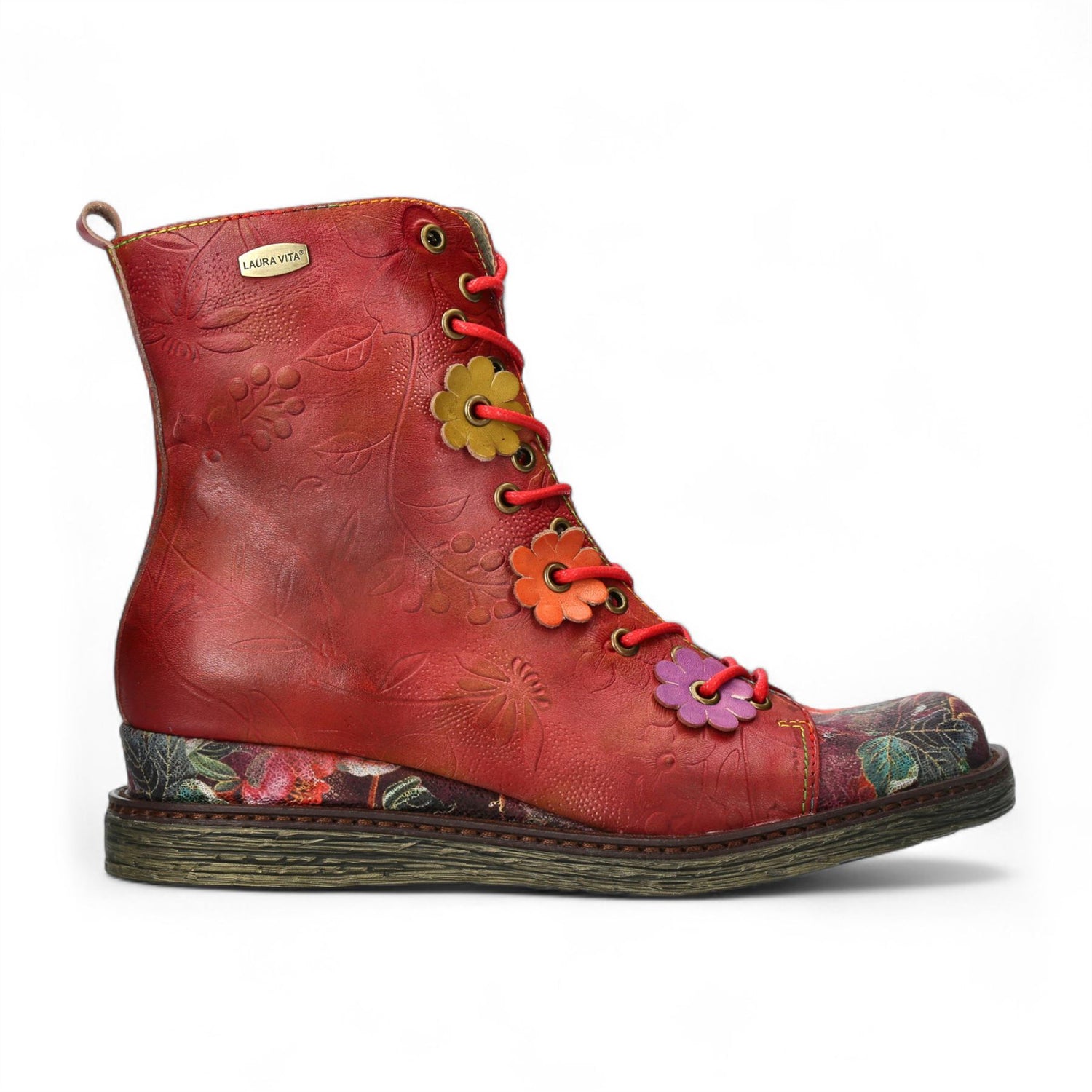 Laura Vita Ercnaulto 212 Red Floral Womens Gothic Victorian Leather Ankle Heeled Boots