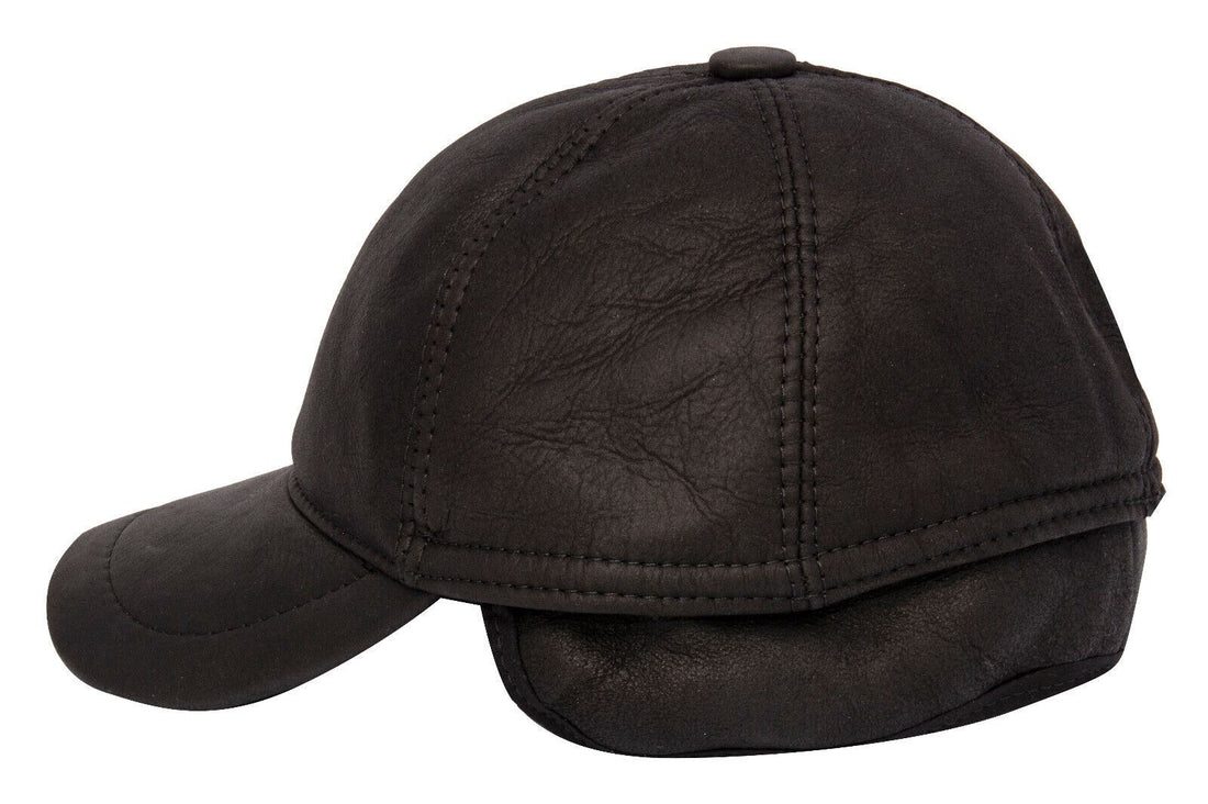 Mens Real Sheepskin Baseball Cap Black Leather Shearling Snapback Winter Hat