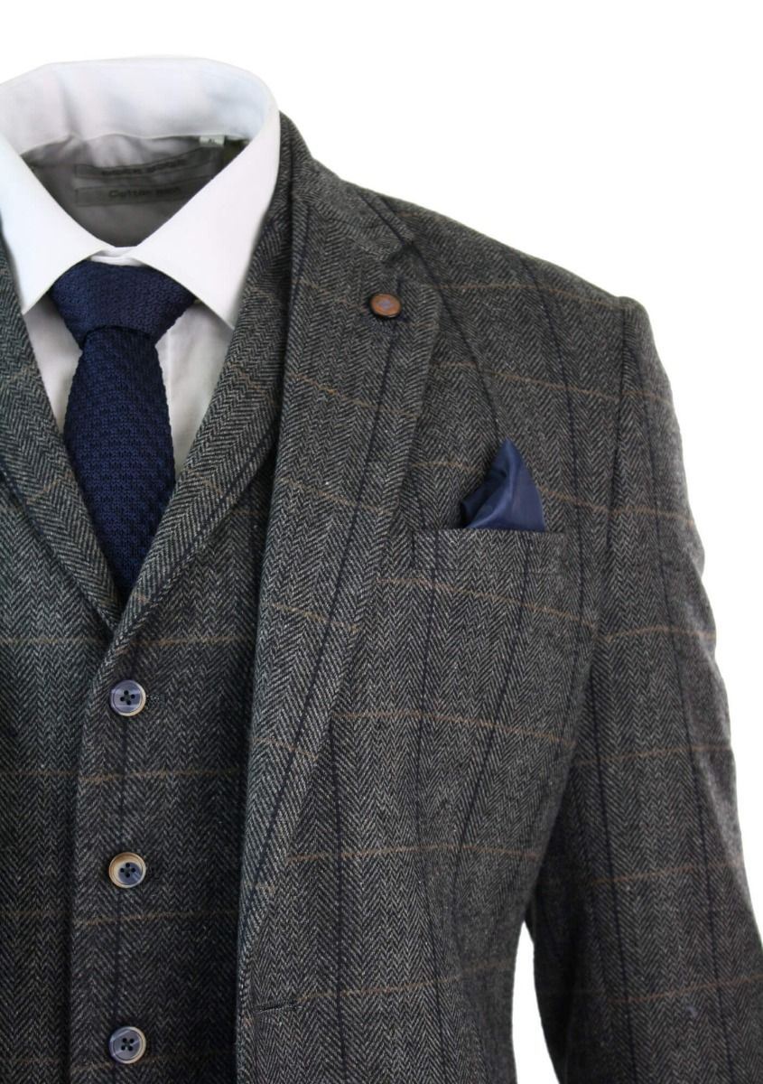 Mens 3 Piece Charcoal Grey Check Tweed Herringbone Vintage Classic Suit - Upperclass Fashions 