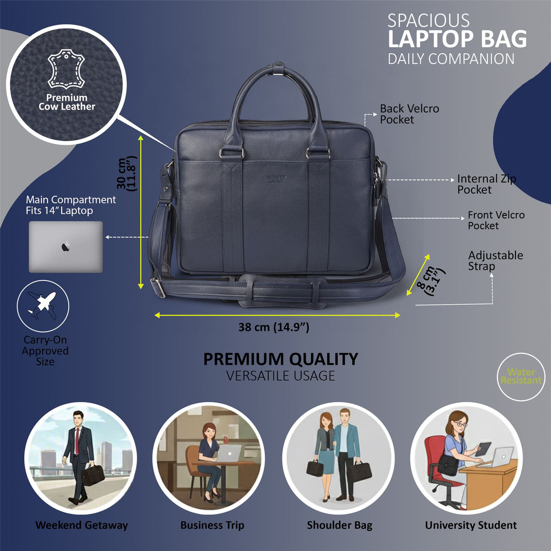 Genuine Leather Navy Laptop Business Briefcase Office Work Travel Bag - Sutton