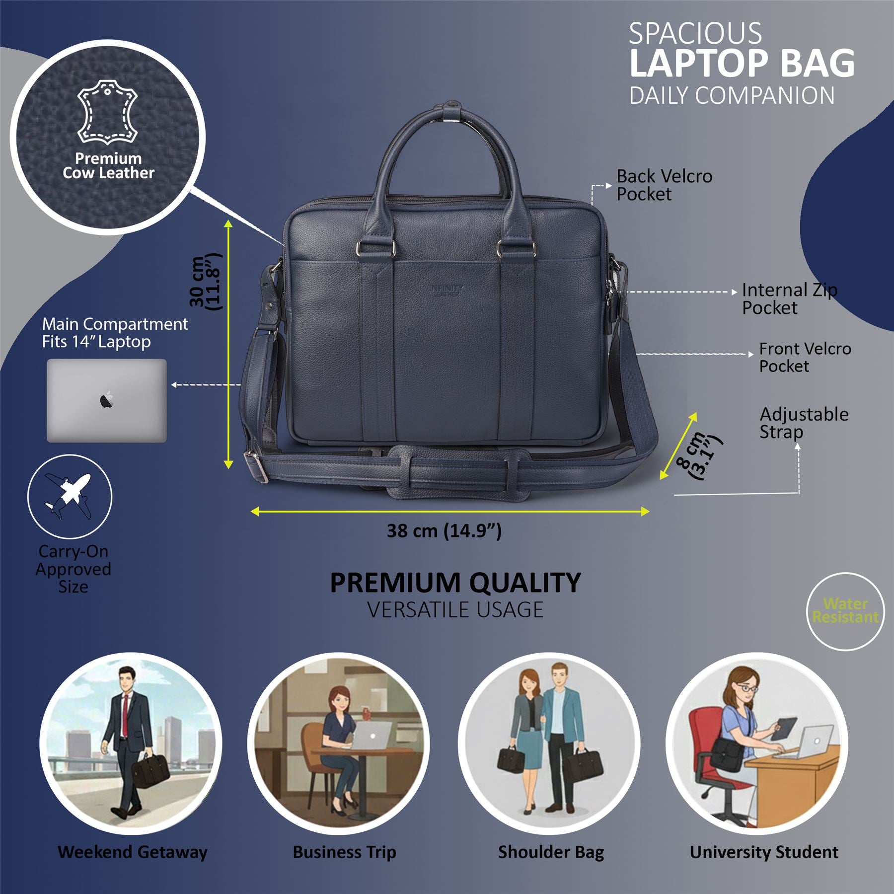 Genuine Leather Navy Laptop Business Briefcase Office Work Travel Bag - Sutton