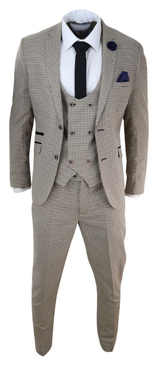Mens 3 Piece Beige Check Retro Vintage Classic Suit