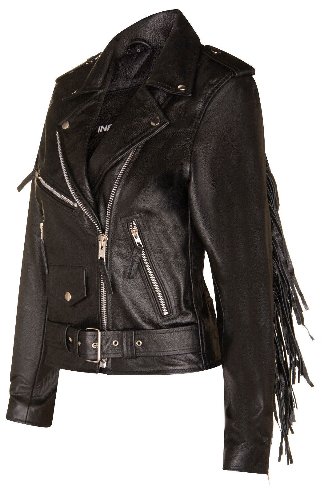 Womens FRINGE Brando Cow Hide Leather Biker Jacket-Mossley