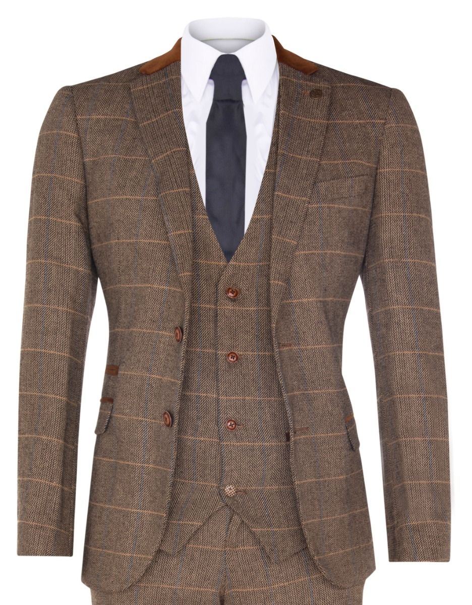 Mens 3 Piece Tan Tweed Check Suit