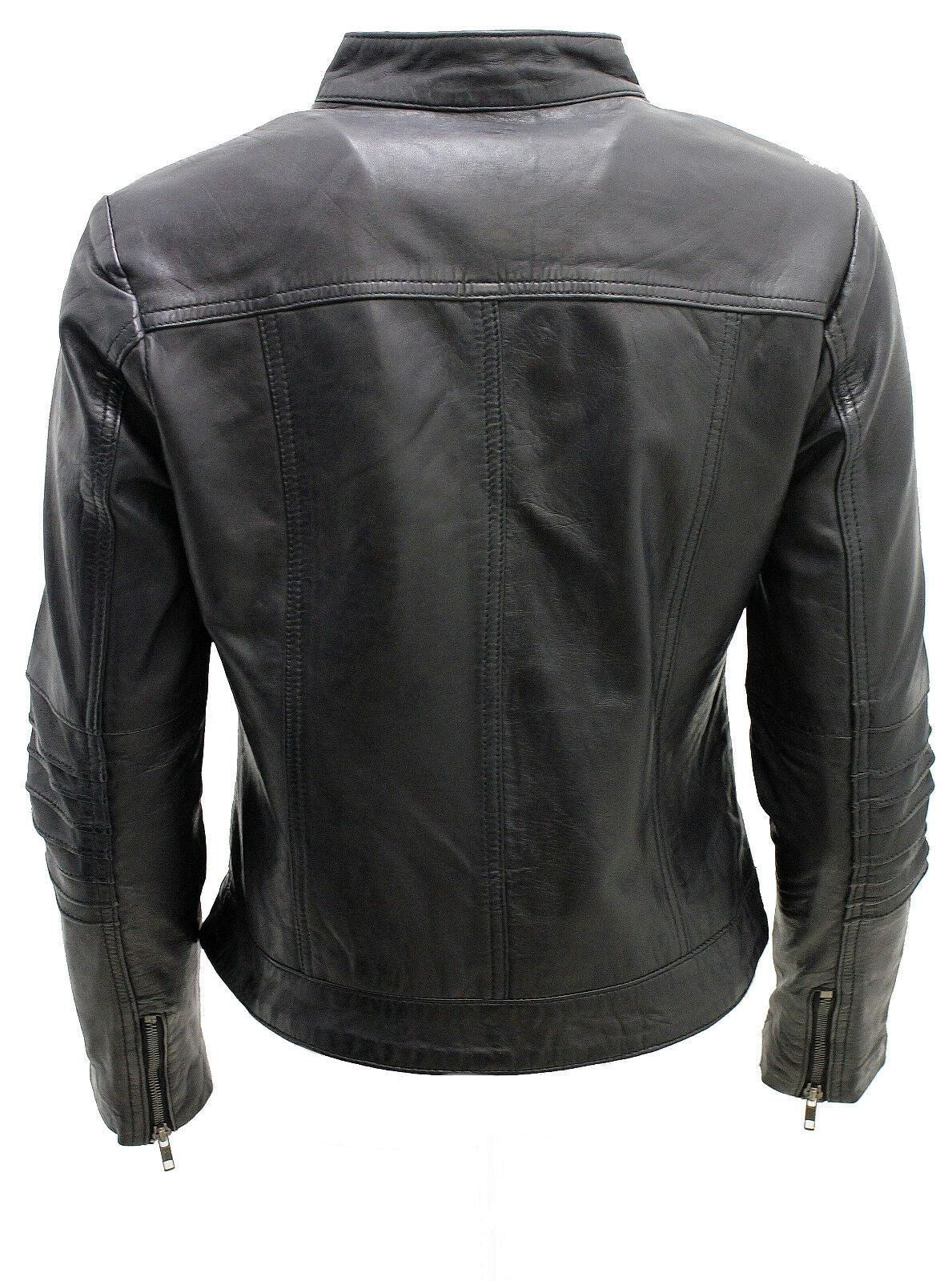 Womens Pleated Design Leather Biker Jacket-Middleham - Upperclass Fashions 