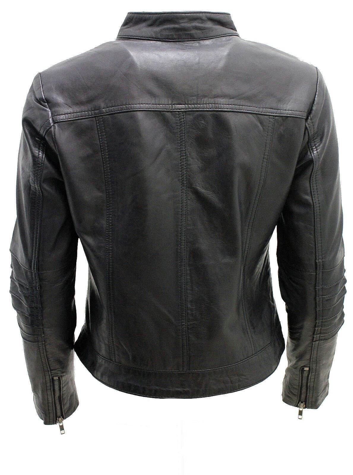 Womens Pleated Design Leather Biker Jacket-Middleham