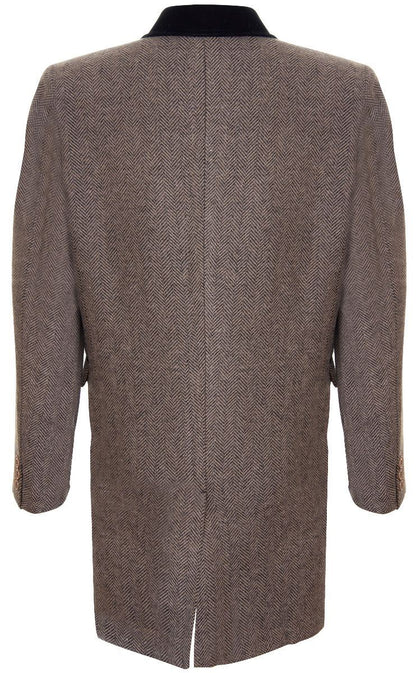 Mens 3/4 Brown Long Crombie Overcoat Jacket Herringbone Tweed Coat Peaky Blinder
