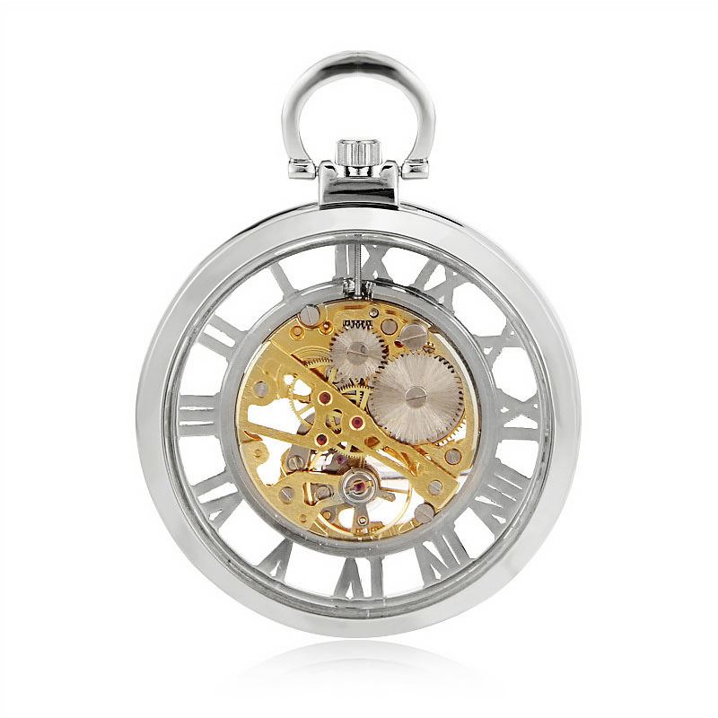 Open-Face Silver Alloy Mechanical Skeleton Silver Pocket Watch