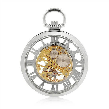 Open-Face Silver Alloy Mechanical Skeleton Silver Pocket Watch