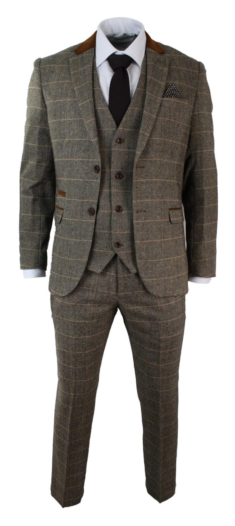 Mens 3 Piece Tan Tweed Check Suit - Upperclass Fashions 