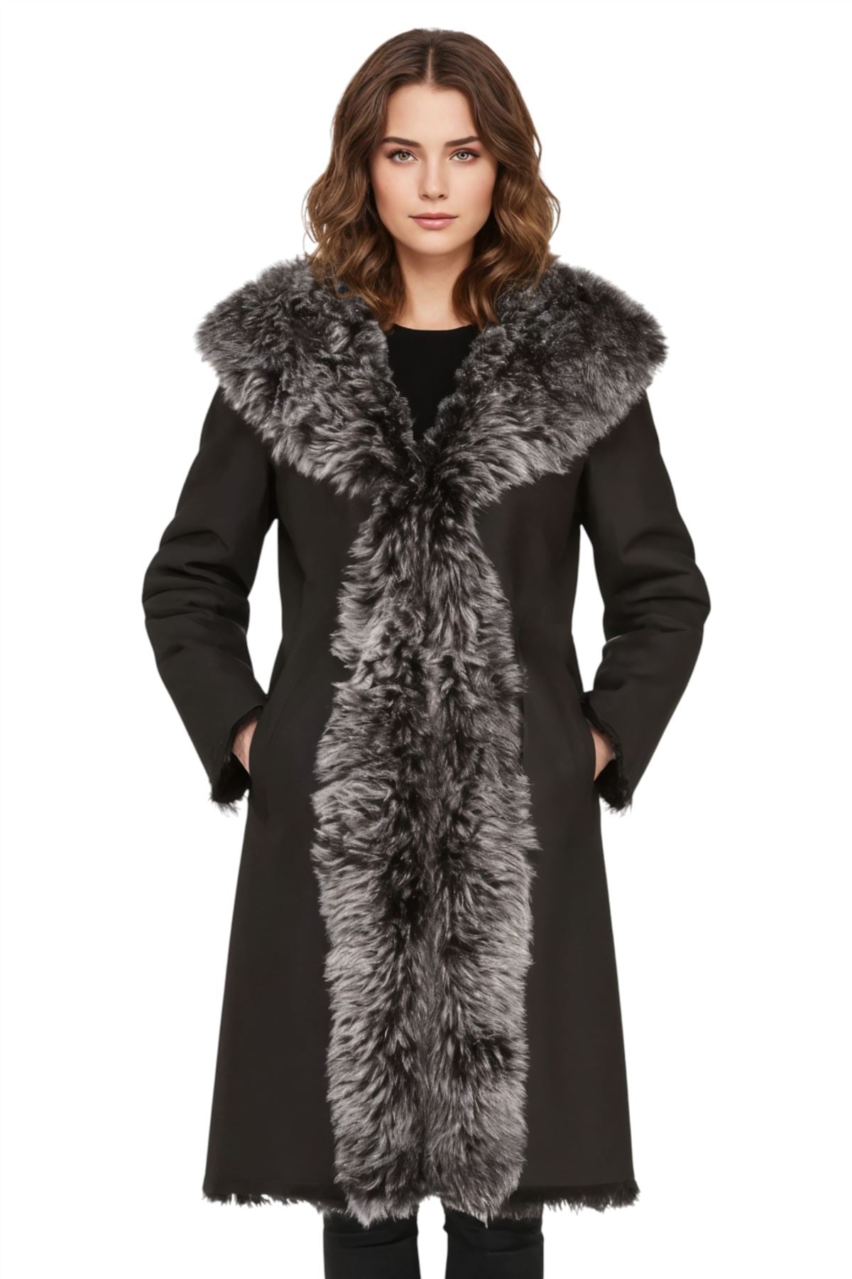 Womens Toscana Sheepskin Leather Hooded Trench Coat - Coast