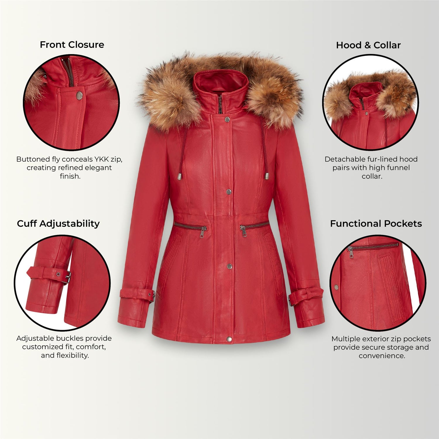 Womens Warm Leather Hooded Parka Jacket-Northwich