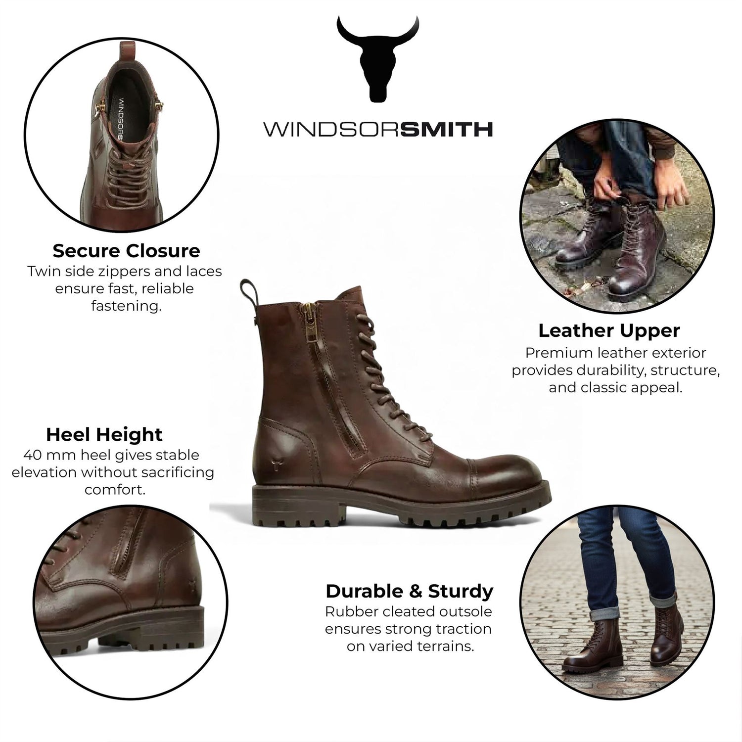 Windsorsmith Mens Marron Brown Leather Military Combat Boots - Willem