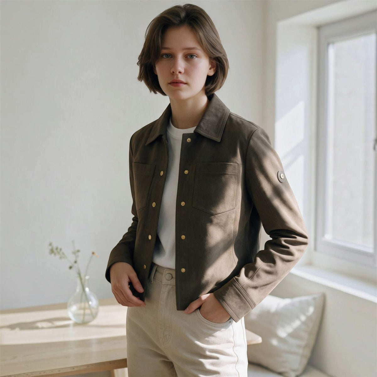 Womens Leather Shacket Collar Jacket - Lofar