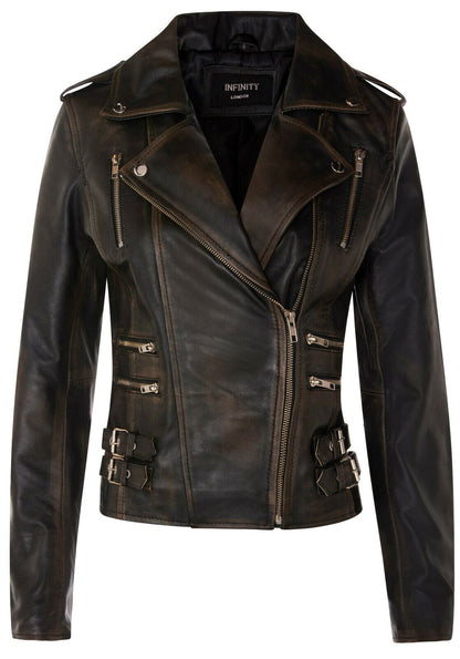 Womens Leather Brando Biker Jacket-Loddon - Upperclass Fashions 