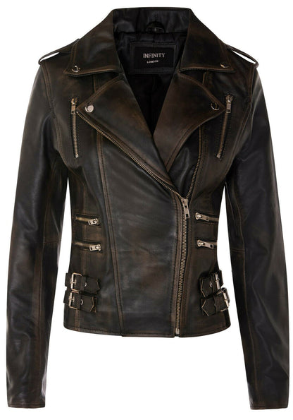 Womens Leather Brando Biker Jacket-Loddon