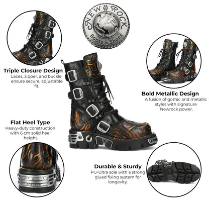 New Rock M-591-C58 Mid-Calf High Black Flame Leather Metallic Gothic Boots