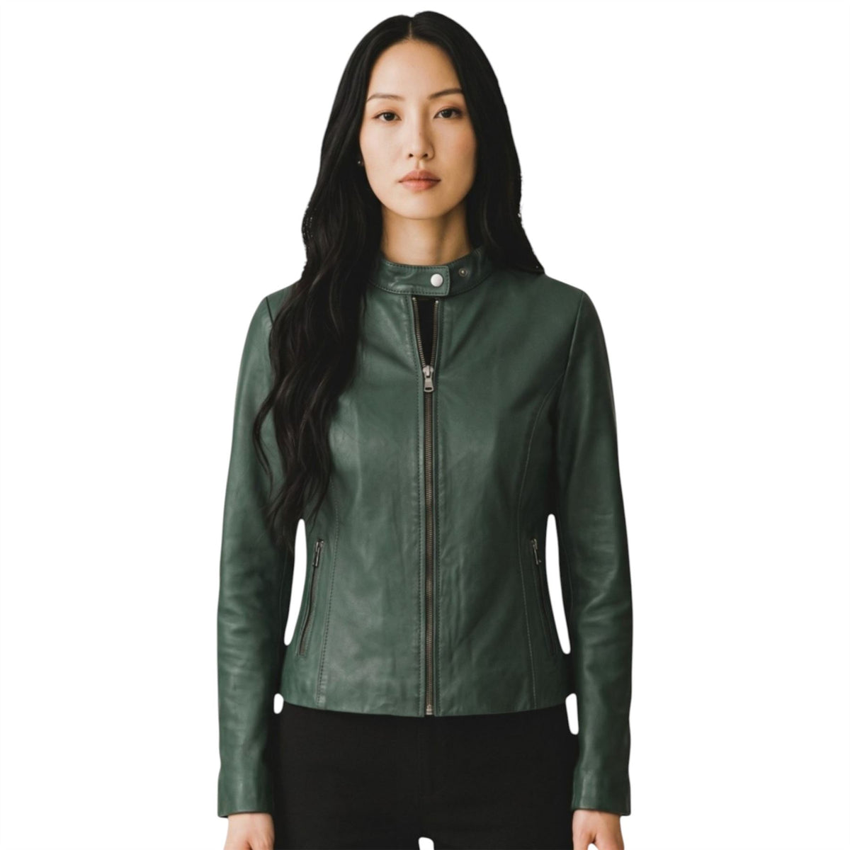 Womens Leather Stand Collar Racer Biker Jacket - 181