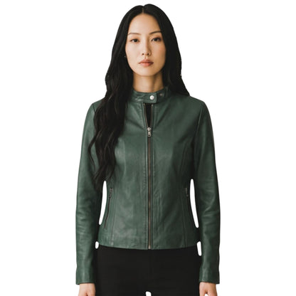Womens Leather Stand Collar Racer Biker Jacket - 181