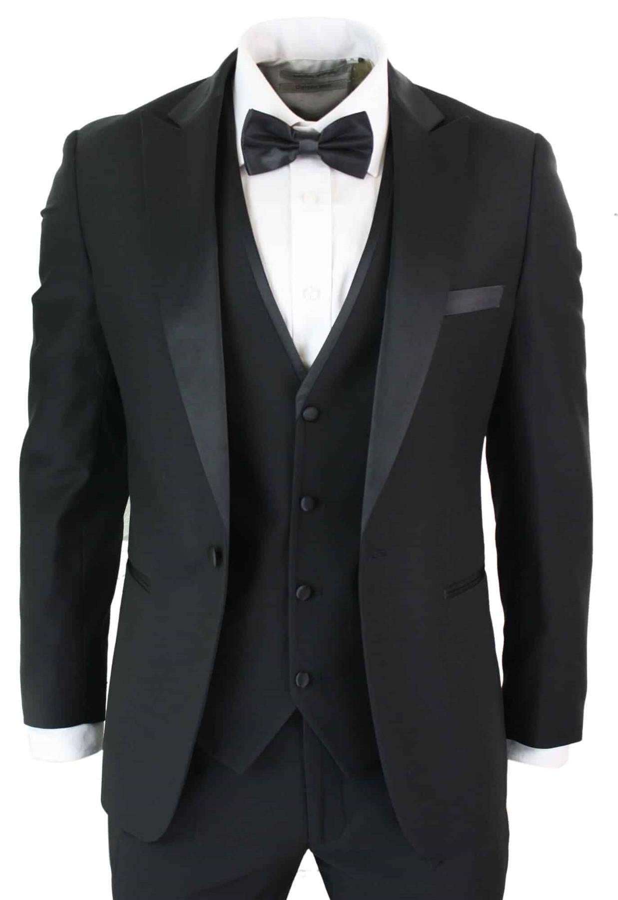 Mens 3 Piece Black Tuxedo Suit Classic Satin Dinner Tailored Fit Wedding Prom - Upperclass Fashions 