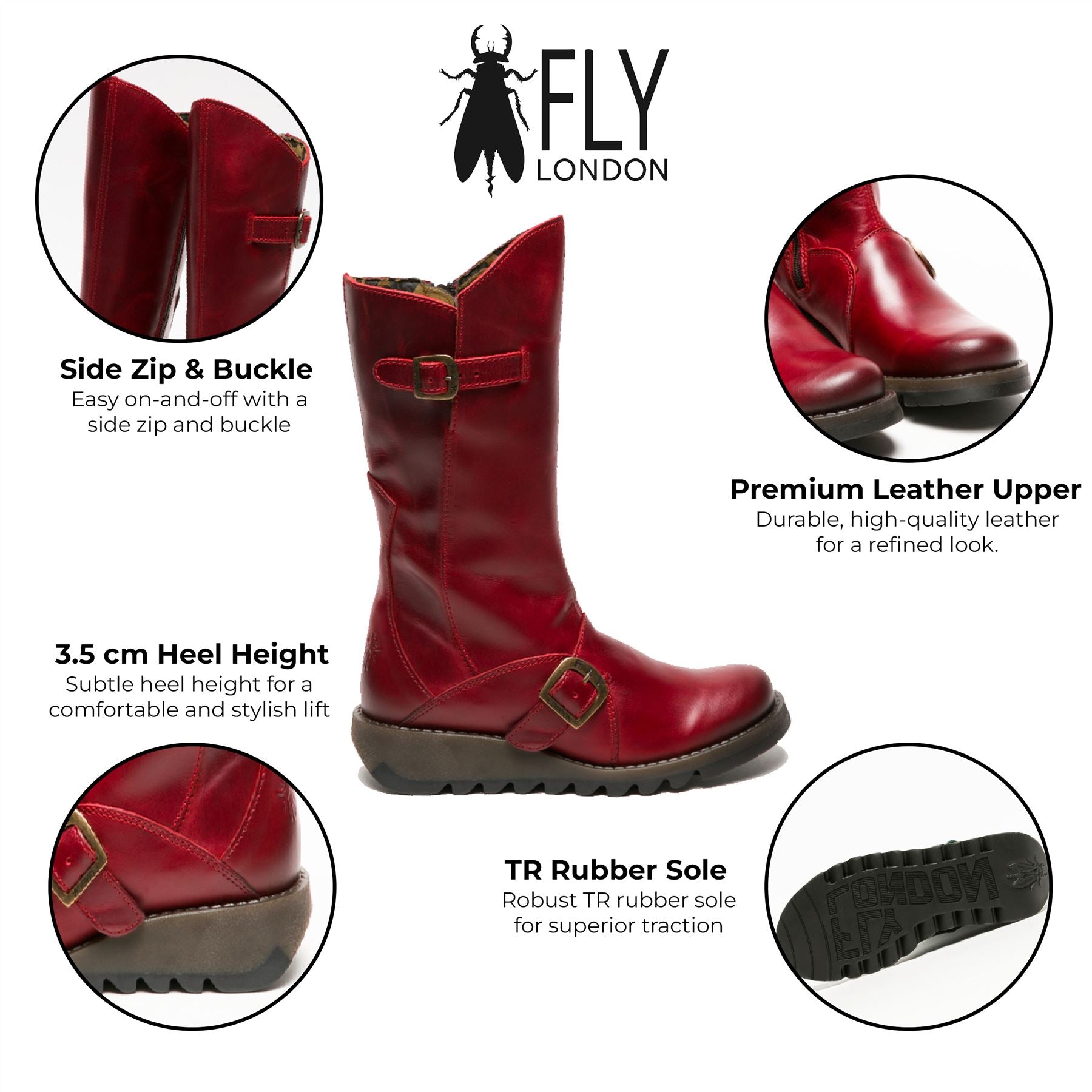 Fly London Womens Red MES 2 Wedge Heel Buckle Mid-Calf Leather Zip Platform Boots