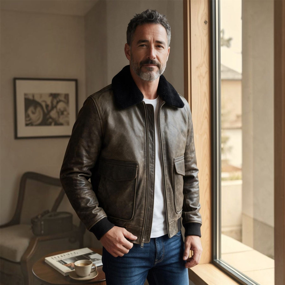 Mens Leather Aviator Bomber Jacket - Lunar