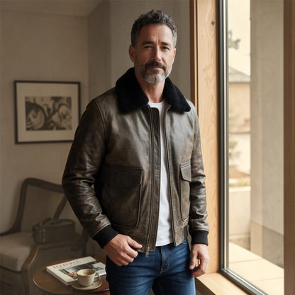 Mens Leather Aviator Bomber Jacket - Lunar