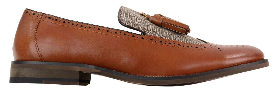 Mens Tasselled Tan Leather Tweed Slip on Loafers - Upperclass Fashions 