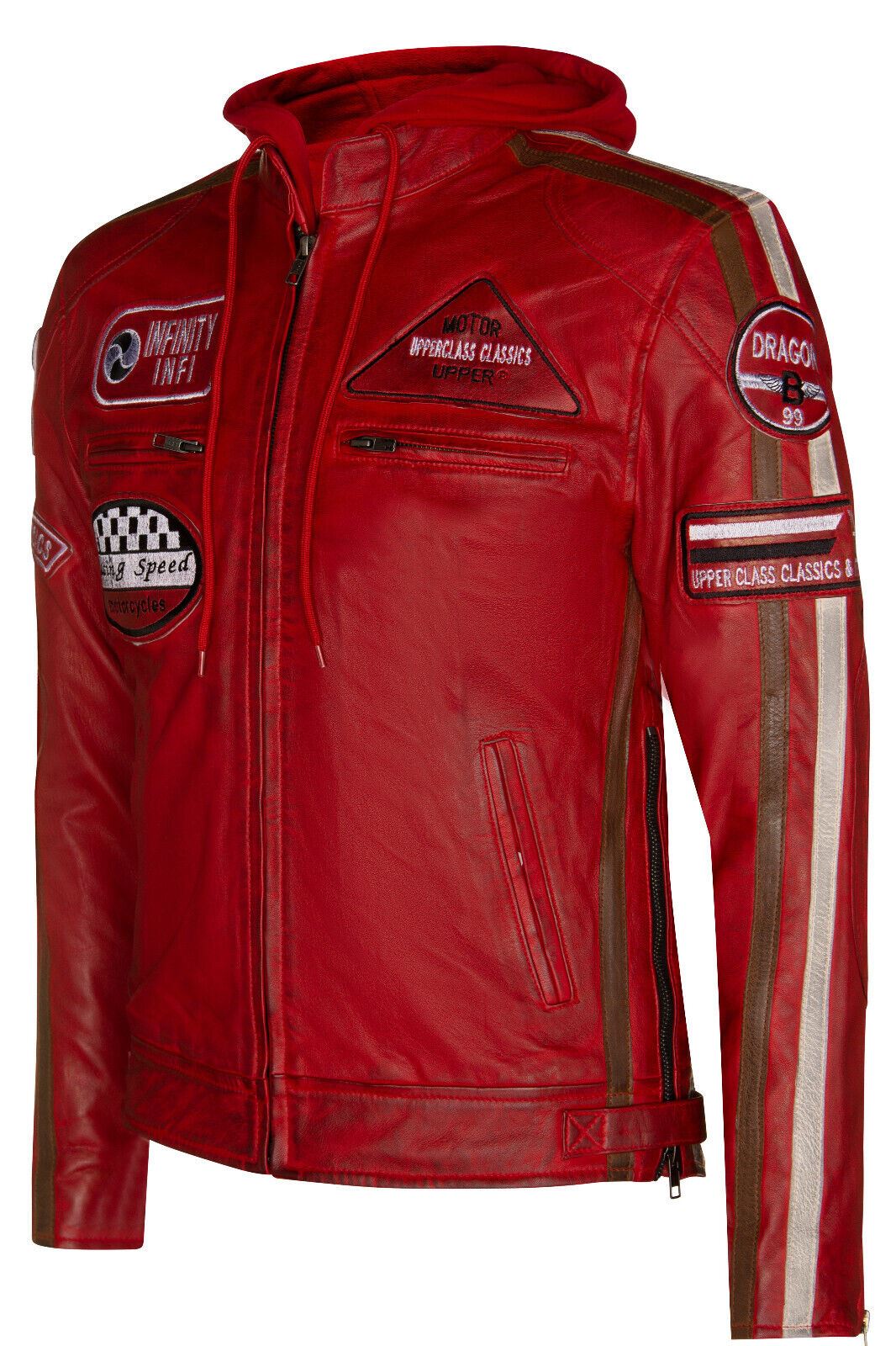 Mens Racing Hooded Leather Biker Jacket-Clovelly