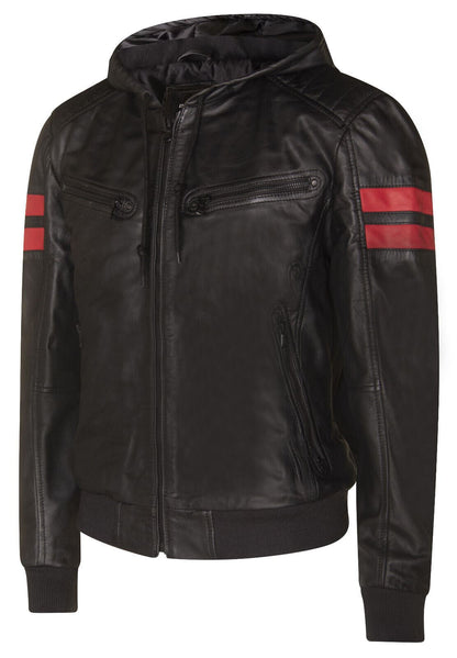 Mens Leather Hooded Bomber Jacket - Cromer