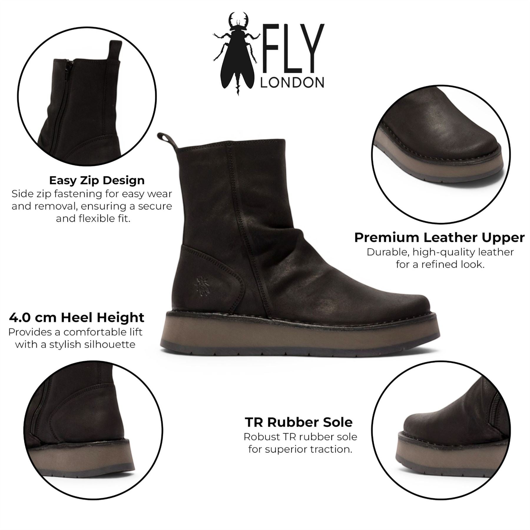 Fly London Womens Black Suede Leather Zip Up Platform Ankle Boots - RENO053FLY