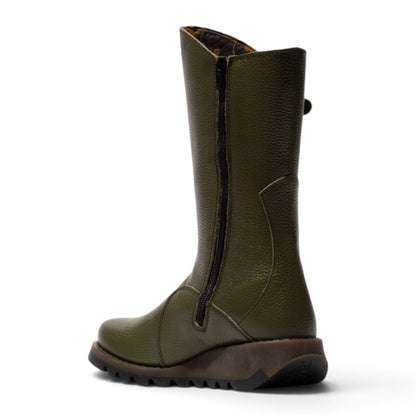 Fly London Womens Military Green Leather Mid-Calf Long Boots - MES2913