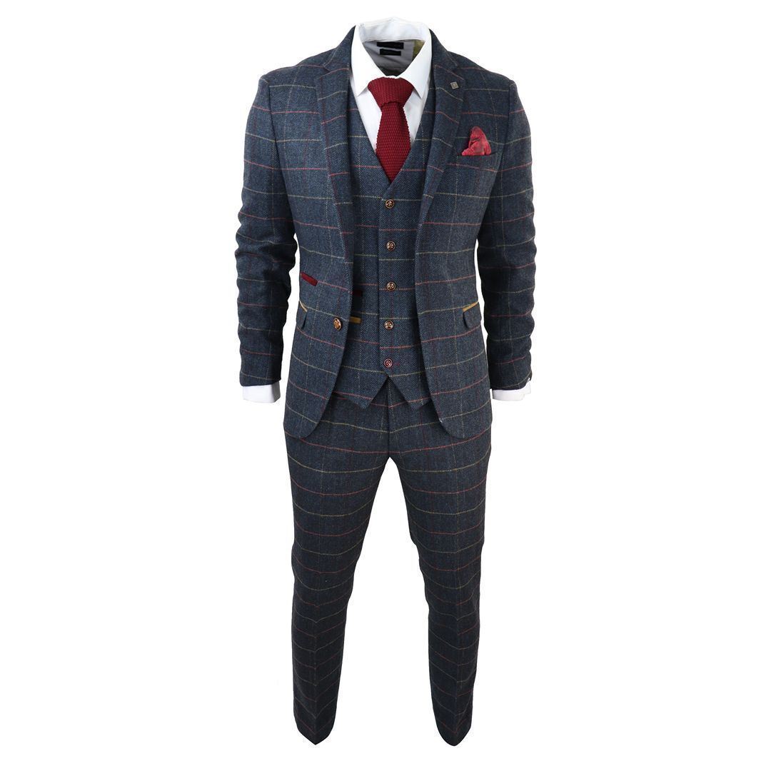 Mens Navy Tweed Check 3-Piece Suit