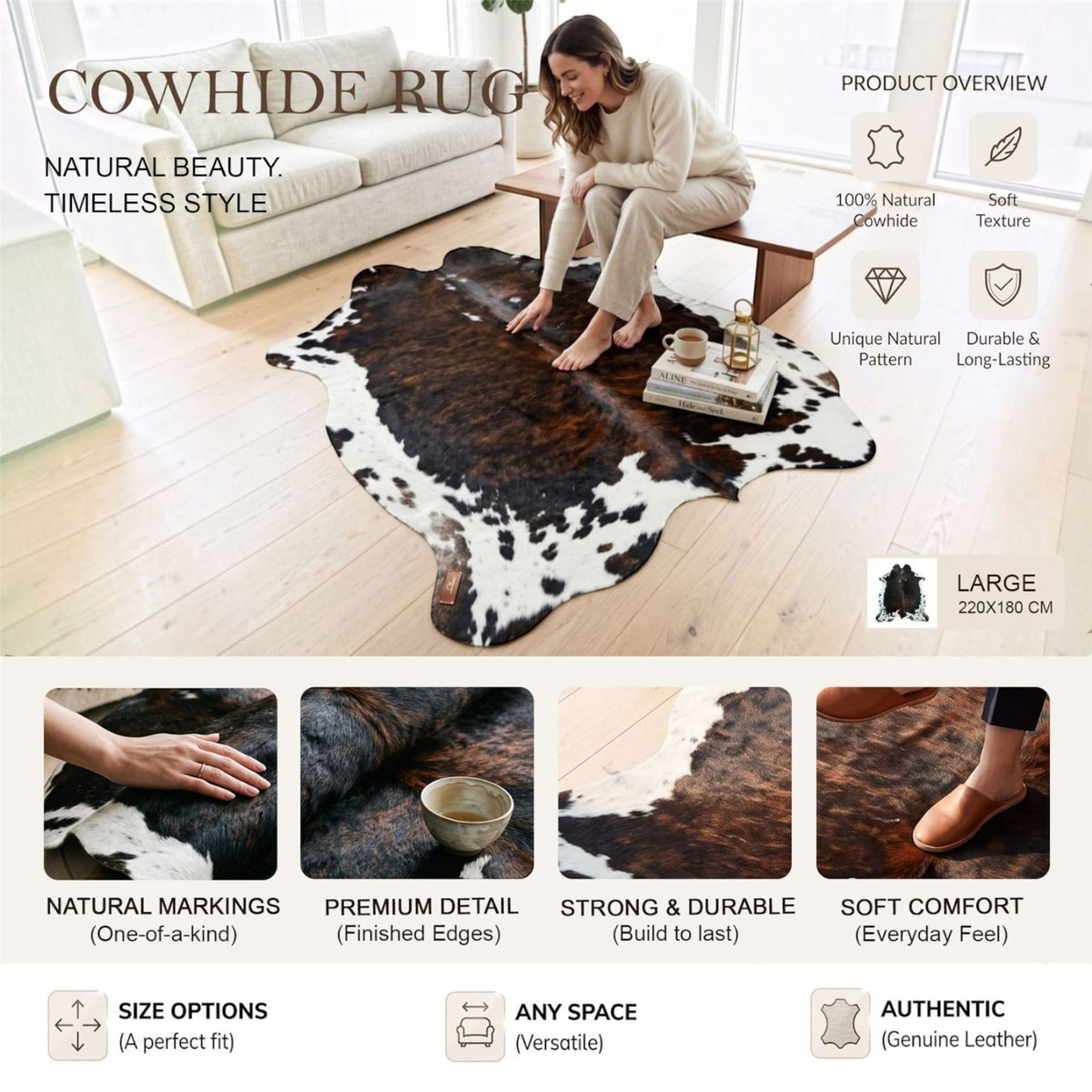Natural Cow Leather Cowhide Hairon Rug - Hereford