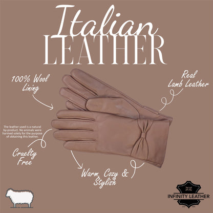 Womens Italian Leather Winter Bow Design Soft Wool Lining Gloves - L-GLV-401