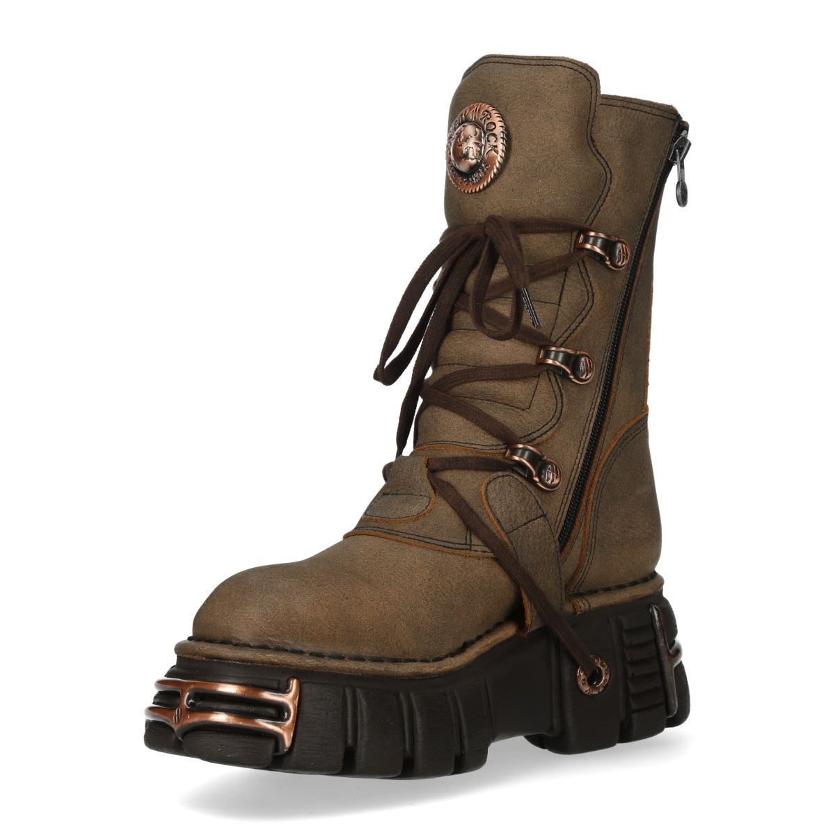 New Rock Brown Leather Gothic Mid-Calf Biker Boots - M-373XL-C120
