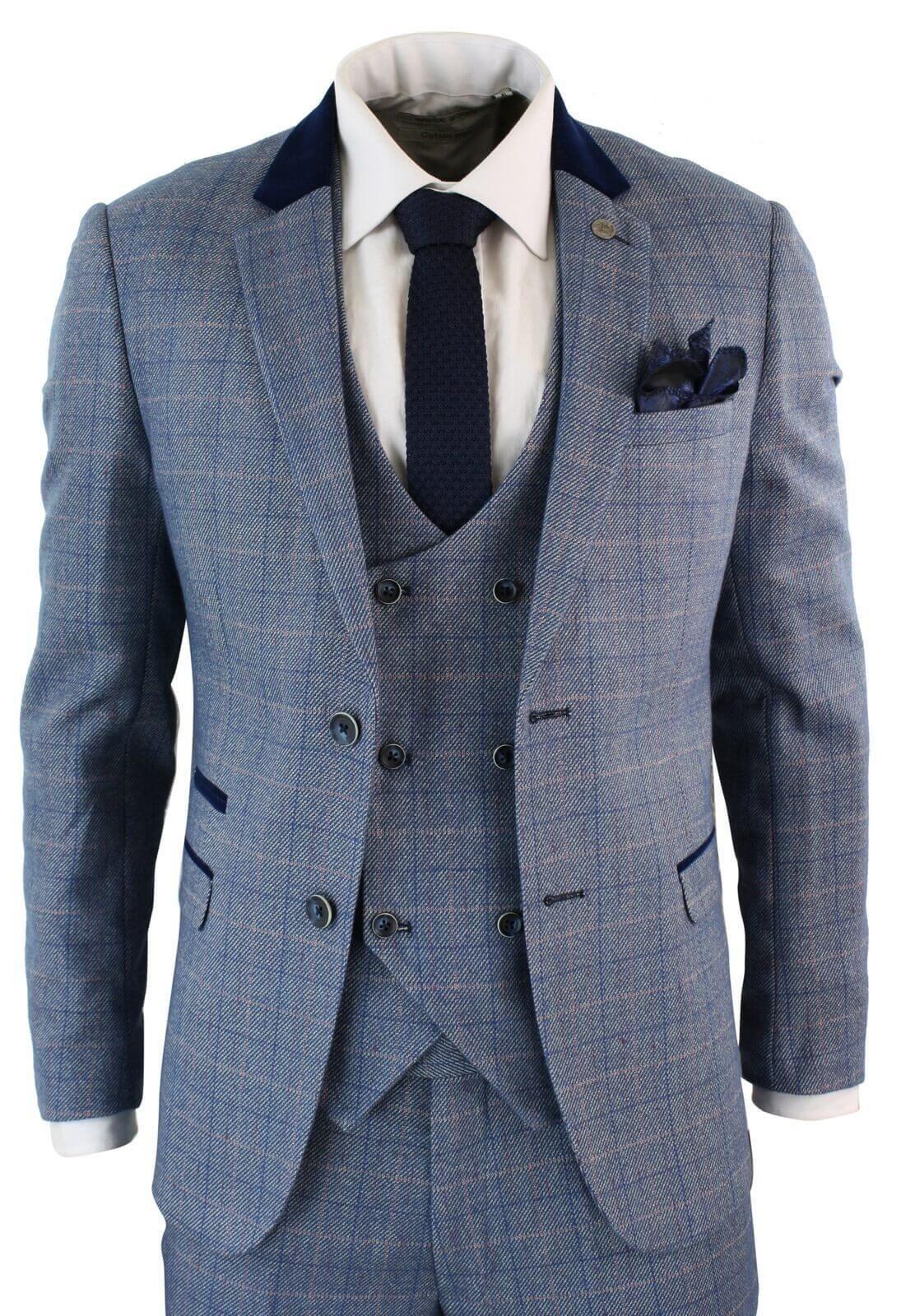 Mens 3 Piece Blue Grey Herringbone Check Suit - Upperclass Fashions 