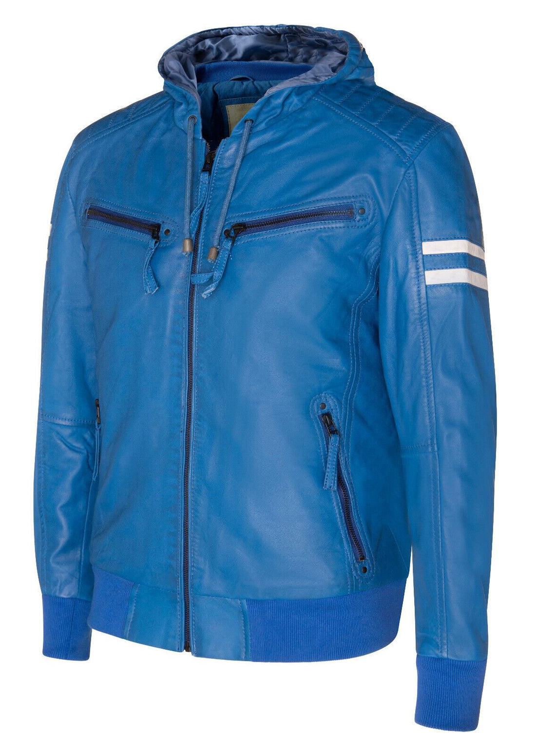 Mens Leather Hooded Bomber Jacket - Cromer