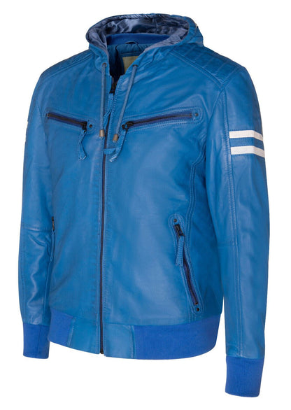 Mens Leather Hooded Bomber Jacket - Cromer